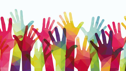 Cartoon of multicoloured raised up hands