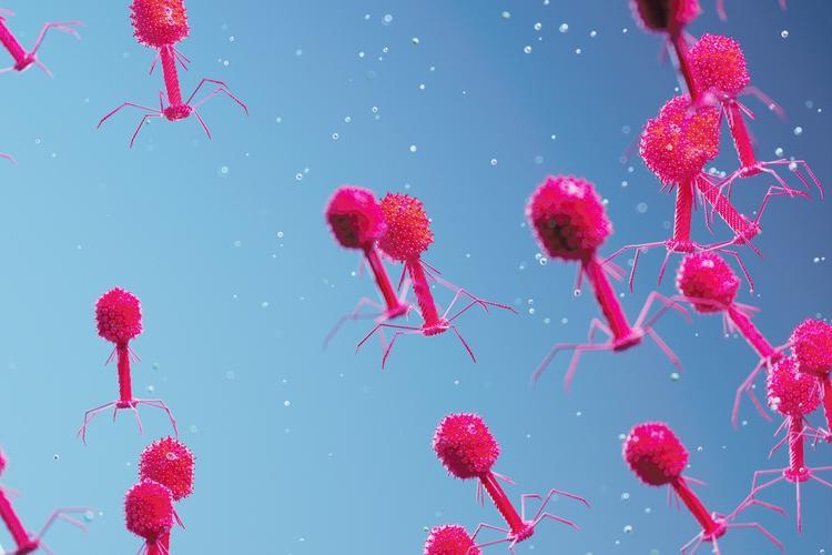 Artist's rendering of bacteriophages floating.