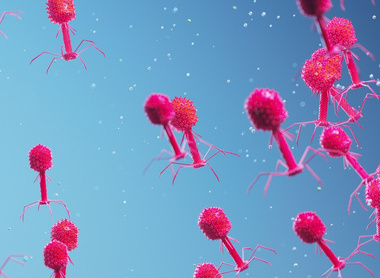 Artist's rendering of bacteriophages floating.