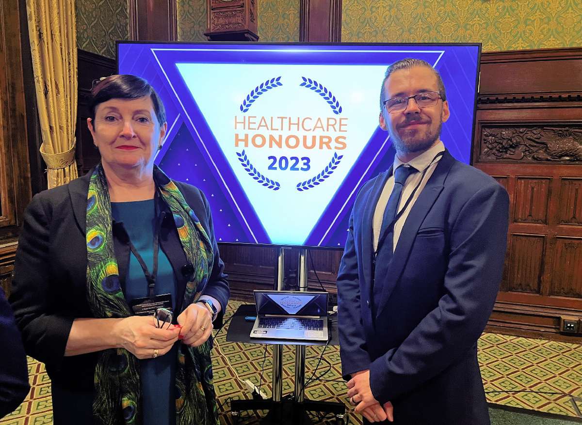 Luke Thrower and Professor Jo Martin at the Healthcare Honours 2023 Awards.